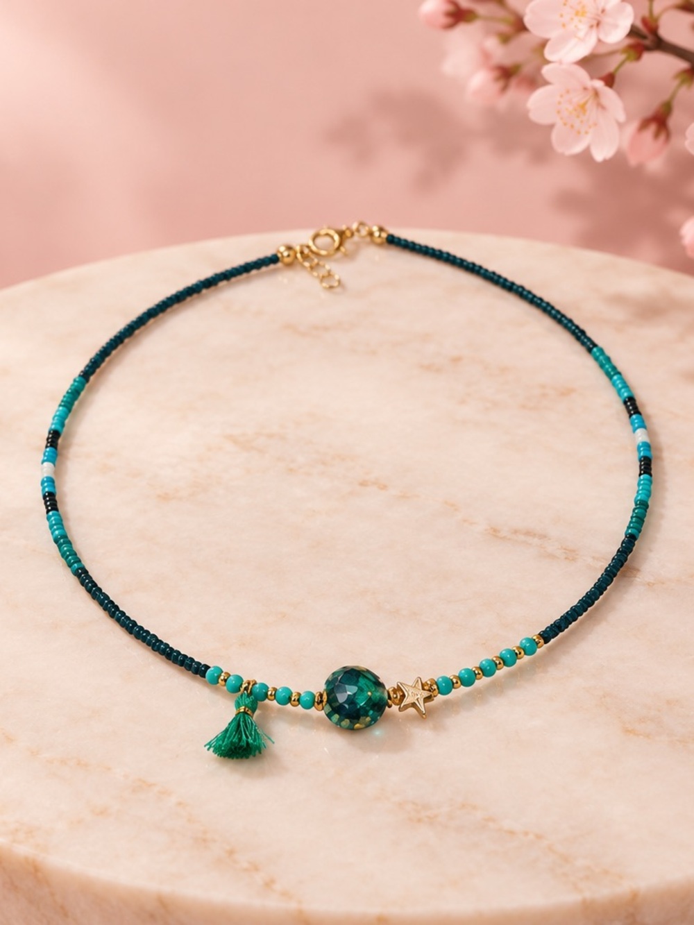 Gold-Accented natural stone Beaded Necklace with Tassel